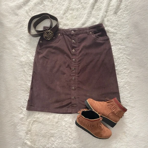 Chocolate Corduroy Croft & Barrow Button-front Skirt - Picture 1 of 5